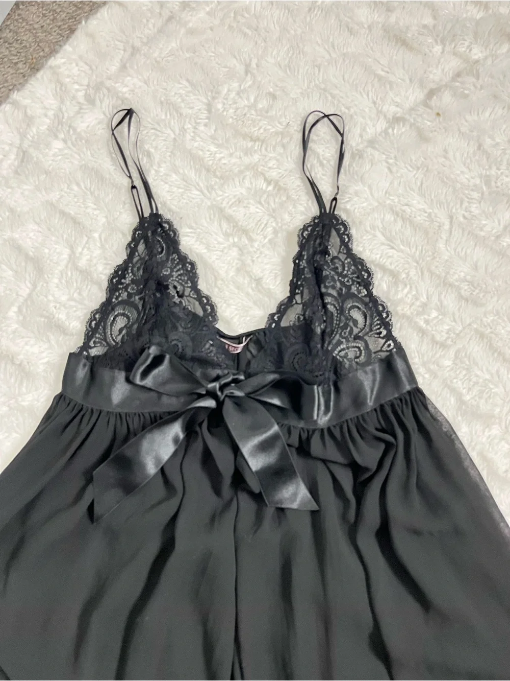Victorias Secret M Black Lace Babydoll Slip Dress Coquette Bow Sheer Nightgown